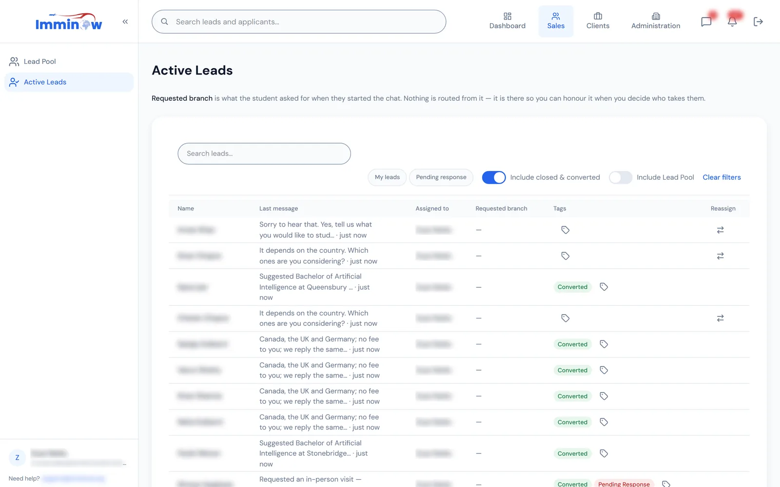 Active Leads list with each lead's last message, assigned counsellor, tags and status